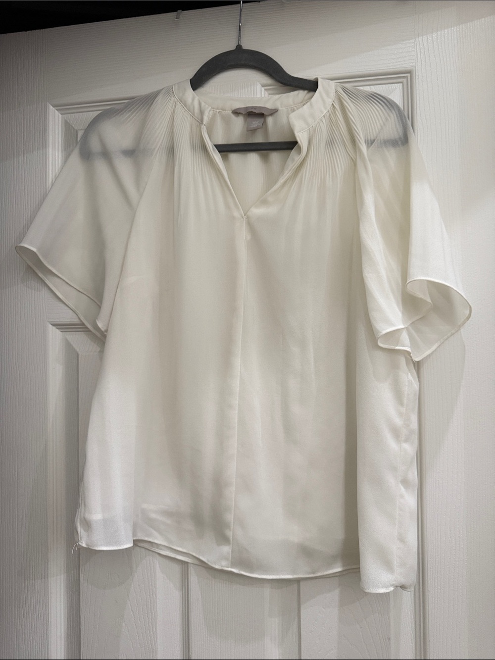 H&M Women's Cream Short-Sleeve Blouse - Elegant Pleated Neck